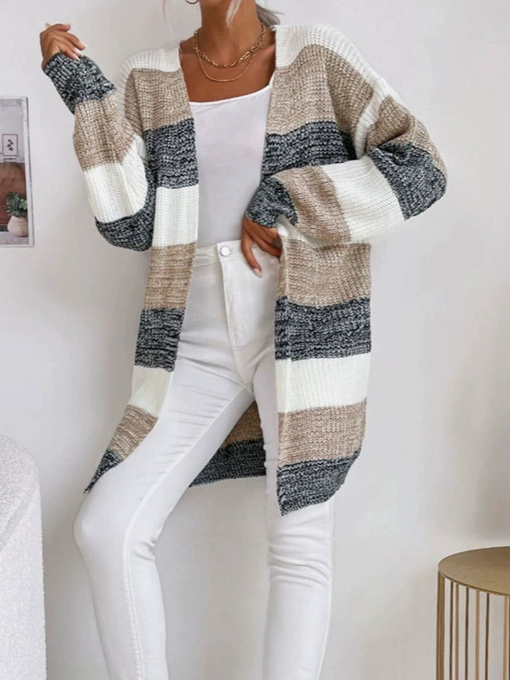 Womens Fall Oversized Striped Color Block Knit Cardigan Sweater